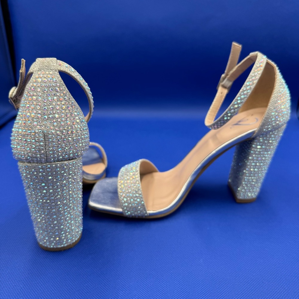 Sparkling Rhinestone Block Heels Silver Ankle Strap Square Toe Sandals 7 Prom - Picture 3 of 14